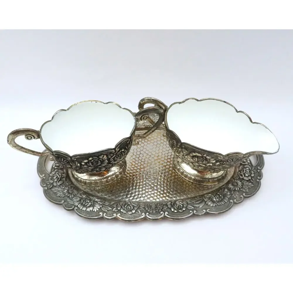 Vintage Cream Sugar Set w Tray, A Price Imports Japan Floral Silver Tone by APCO
